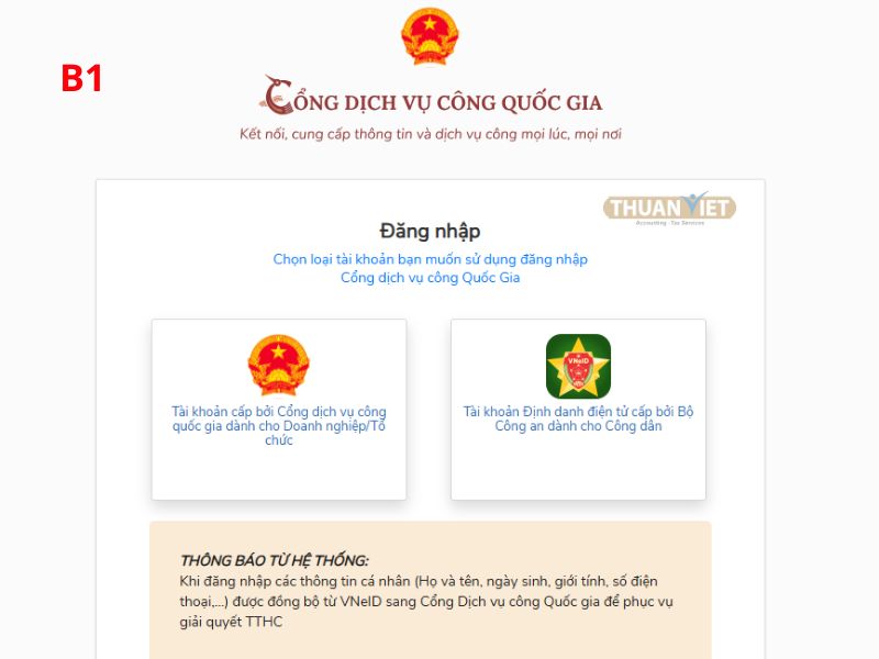 Hình 1: Đăng nhập Cổng dịch vụ công Quốc gia