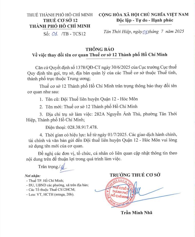 Thông báo về thay đổi địa chỉ, cơ quan quản lý thuế theo hành chính mới